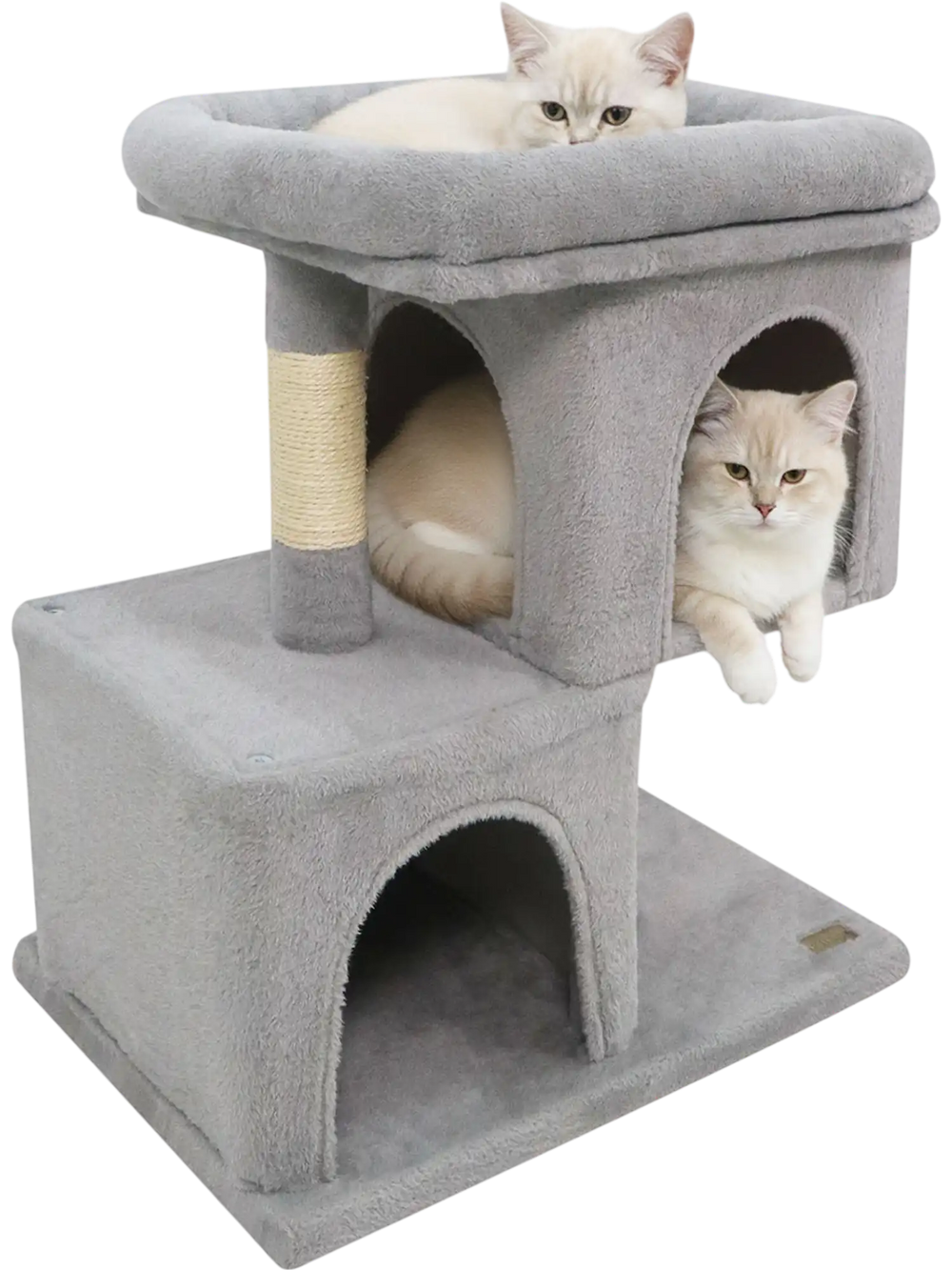 Modern gray cat tree featuring two spacious condos and a cozy upholstered perch for comfortable lounging.