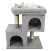 Gray modern cat tree with upholstered perch, two condos, and sisal scratching posts, ideal for small spaces.