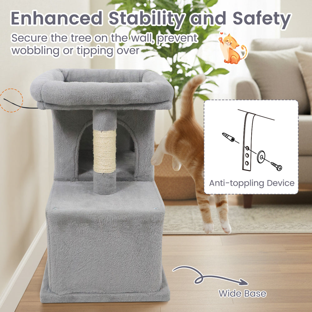 Gray modern cat tree featuring two large condos, upholstered perch, and a wide base for stability in small spaces.