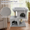 Gray modern cat tree featuring a cozy upholstered perch, two spacious condos, and natural sisal scratching posts.