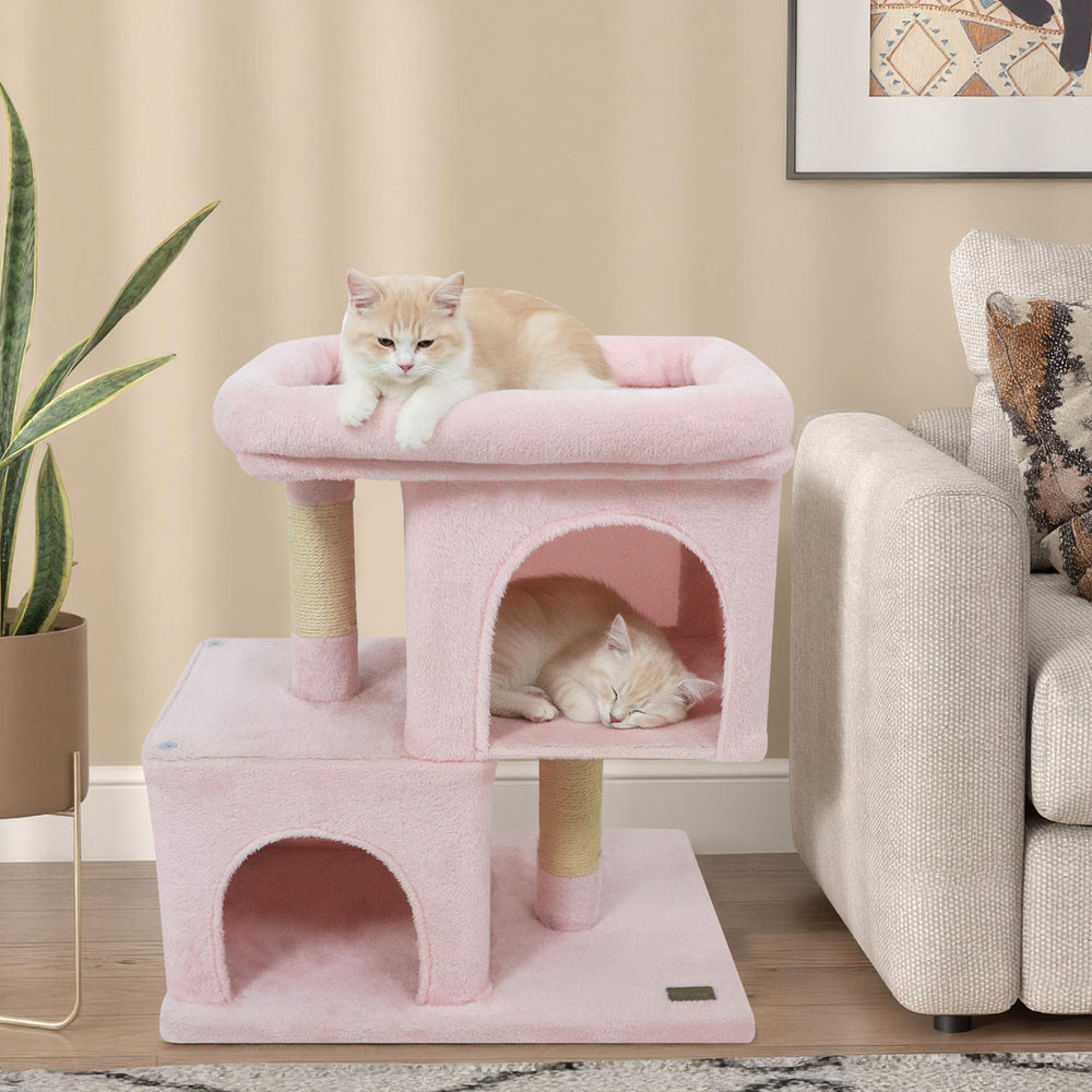 Modern Cat Tree Space-saving Cat Tower with Upholstered Perch and 2 Cat Condos-Pink - Gallery View 1 of 10