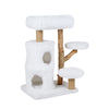 Modern cat tree with plush fabric, natural wood branches, and two padded platforms for indoor cats to climb and relax.