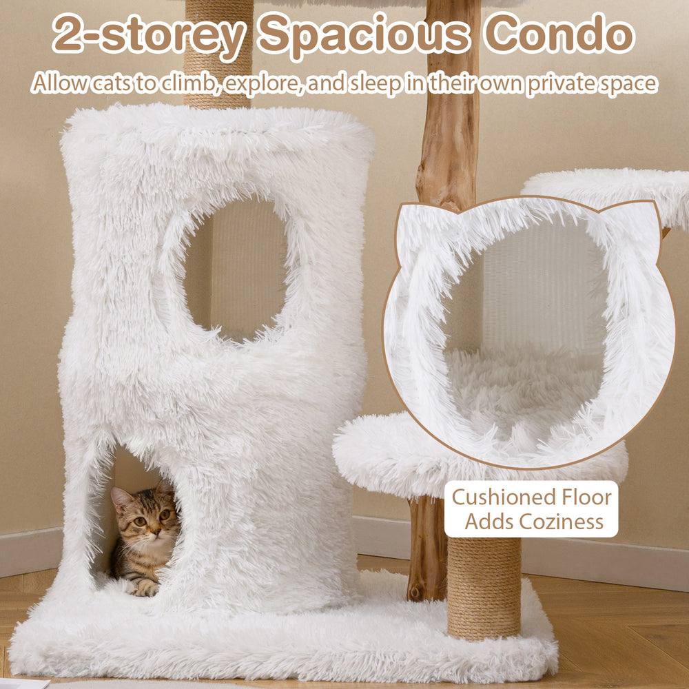 Spacious 2-storey cat condo with soft plush fabric, natural wood branches, and cozy cushioned floor for indoor cats.