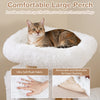 Comfortable large perch on a modern cat tree made of solid wood, featuring ultra-soft plush fabric for cozy lounging.