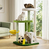 Multi-level green cat tree features perches, a cozy hammock, and a soccer field for climbing, scratching, and playing.
