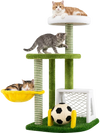 Multi-level green cat tree features a soccer field, plush perches, and cozy hammock for indoor kittens to climb and play.