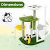 Multi-level green cat tree with soccer-themed design, featuring perches, scratching posts, and cozy lounging areas.