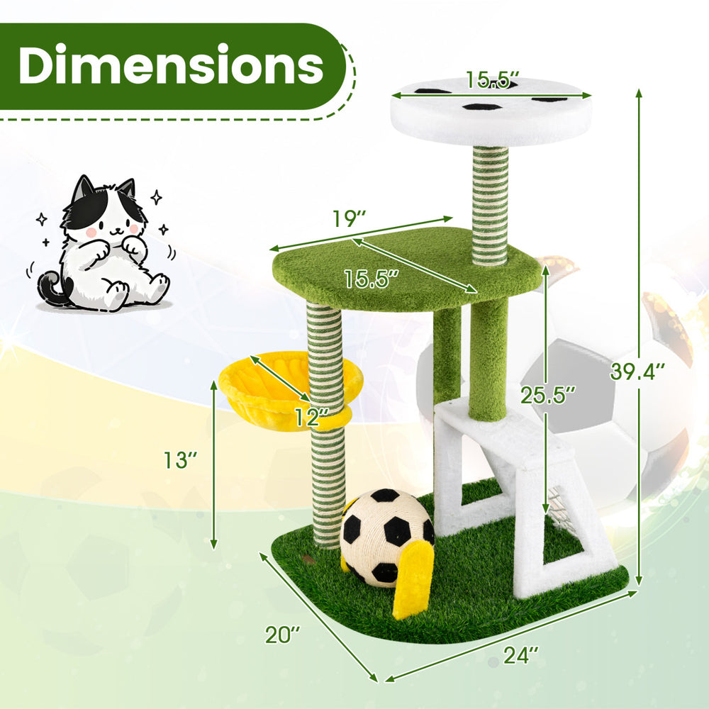 Multi-level green cat tree with soccer-themed design, featuring perches, scratching posts, and cozy lounging areas.