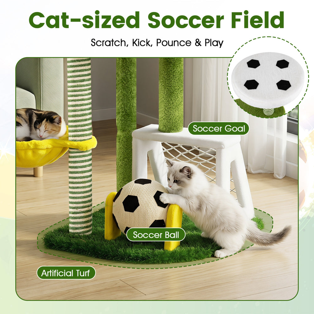 Cat-sized soccer field with a soccer ball and goal, featuring artificial turf for playful indoor kitten activities.