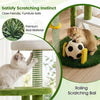 Multi-level green cat tree features a soccer field, plush perches, and a rolling scratching ball for playful kittens.
