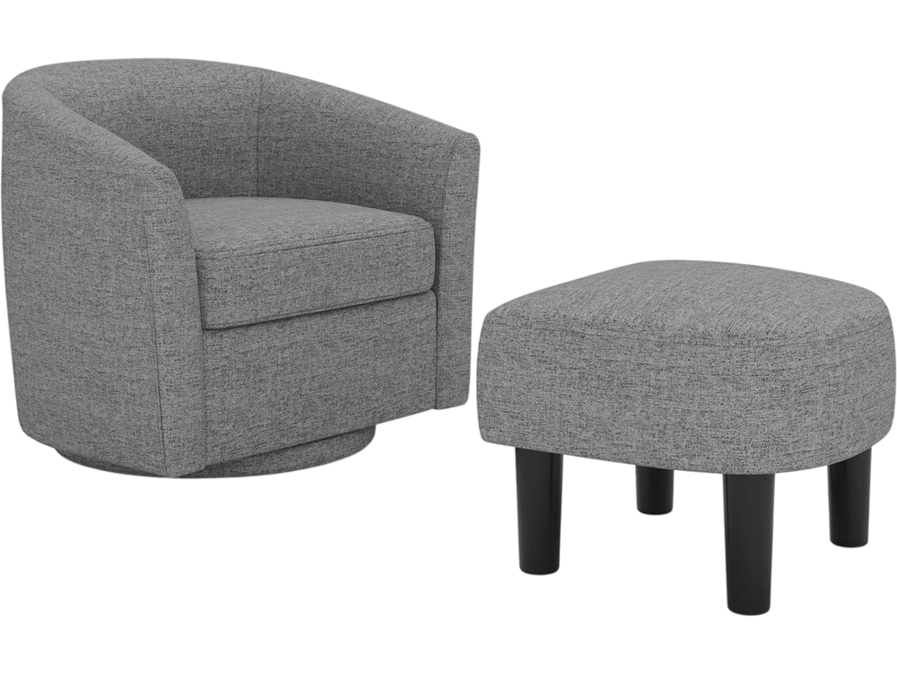 Modern grey swivel accent chair with ottoman footrest, featuring ergonomic design and 360-degree swivel base for.