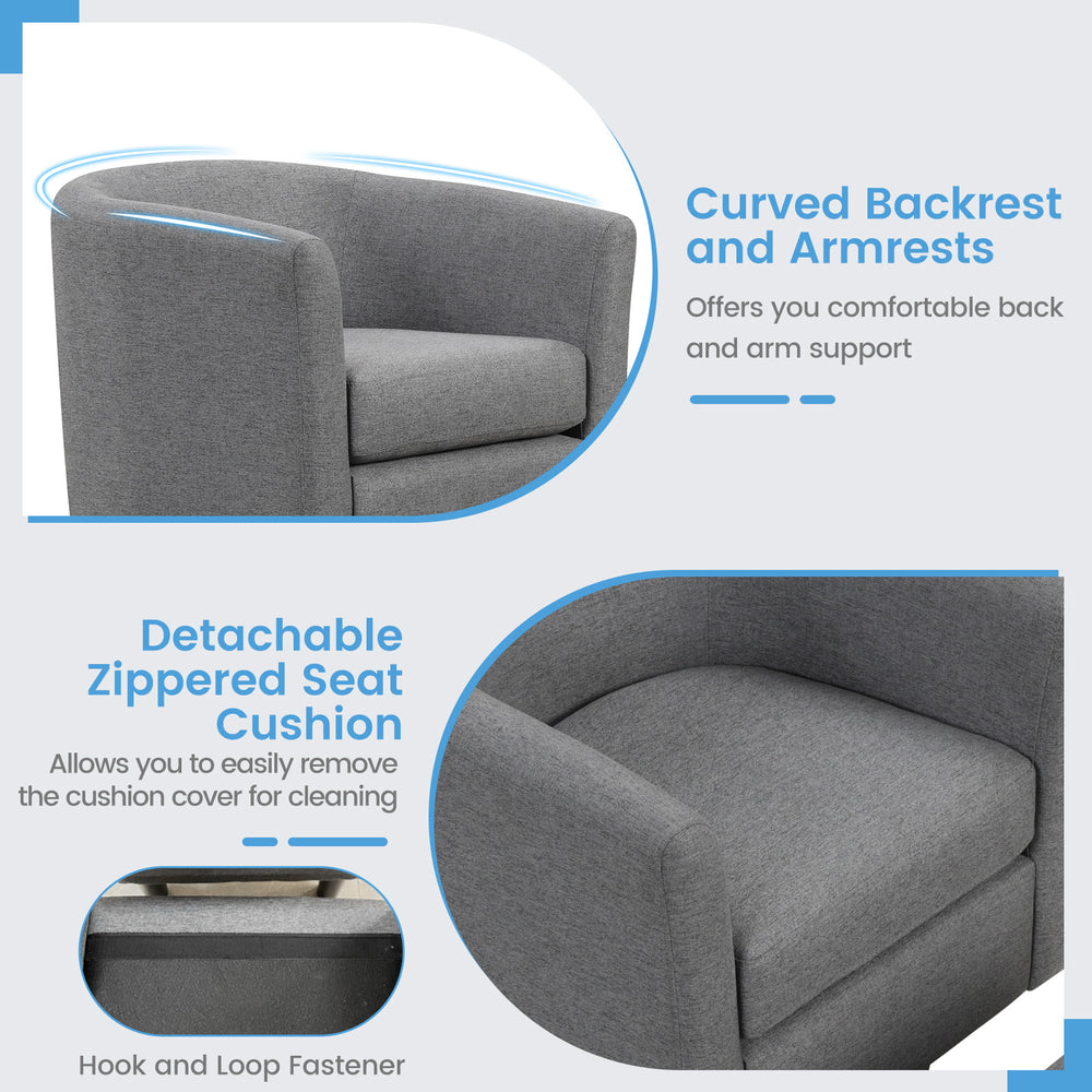 Curved backrest and armrests of the grey Modern Club Swivel Accent Chair with detachable cushion for easy cleaning.