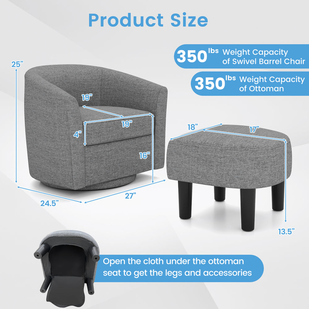 Curved backrest grey swivel accent chair with ottoman, 350 lbs capacity, ideal for living room or office use.