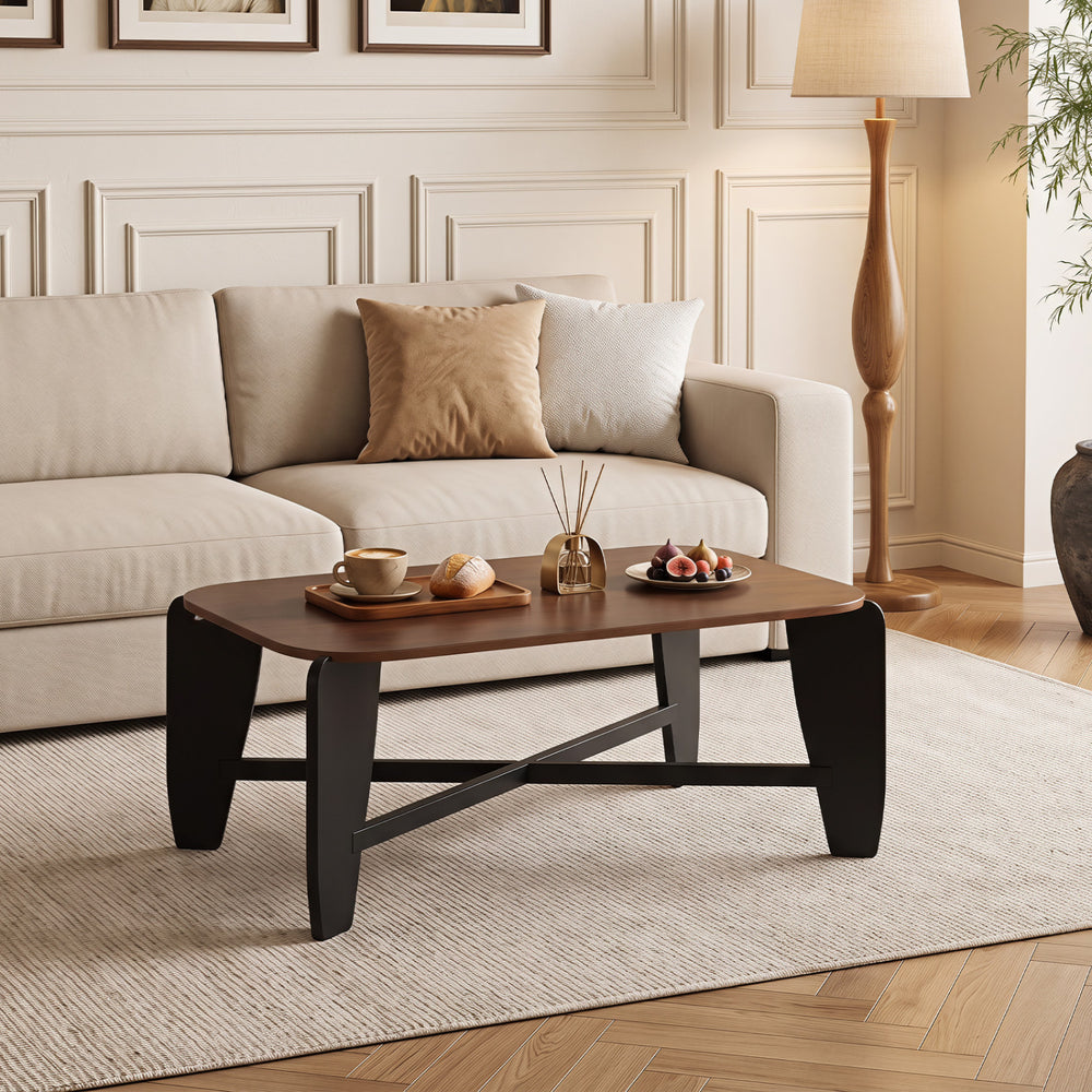 Modern Coffee Table with Rubber Wood Cross-Leg Base Rectangular Center Table-Walnut - Gallery View 1 of 11