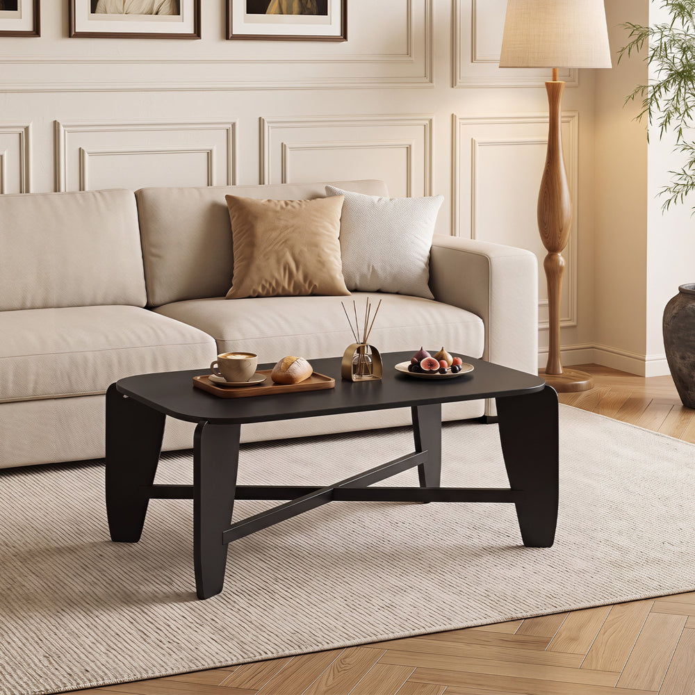 Modern Coffee Table with Rubber Wood Cross-Leg Base Rectangular Center Table-Black - Gallery View 1 of 11