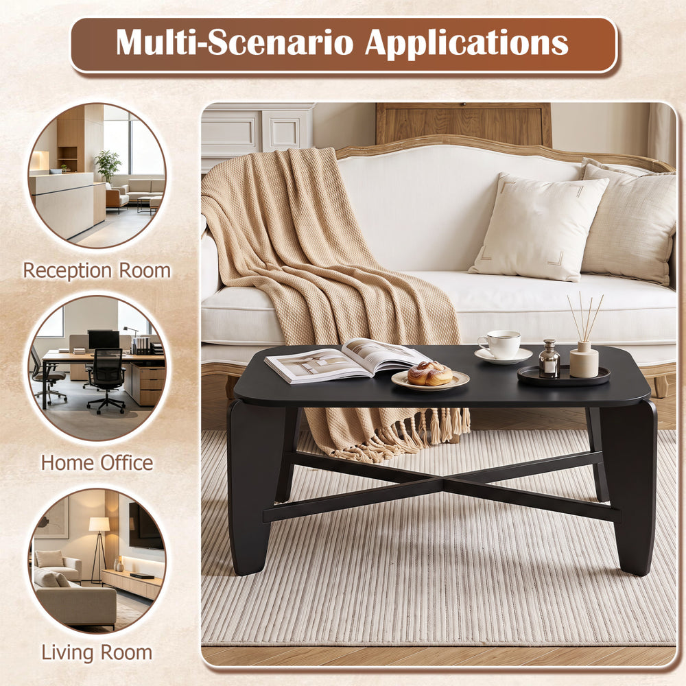 Modern black coffee table with rubber wood cross-leg base, perfect for versatile use in reception rooms and living areas.