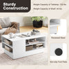 Modern coffee table in white with 2-tier open storage shelves, featuring a recessed base and non-slip foot pads for.