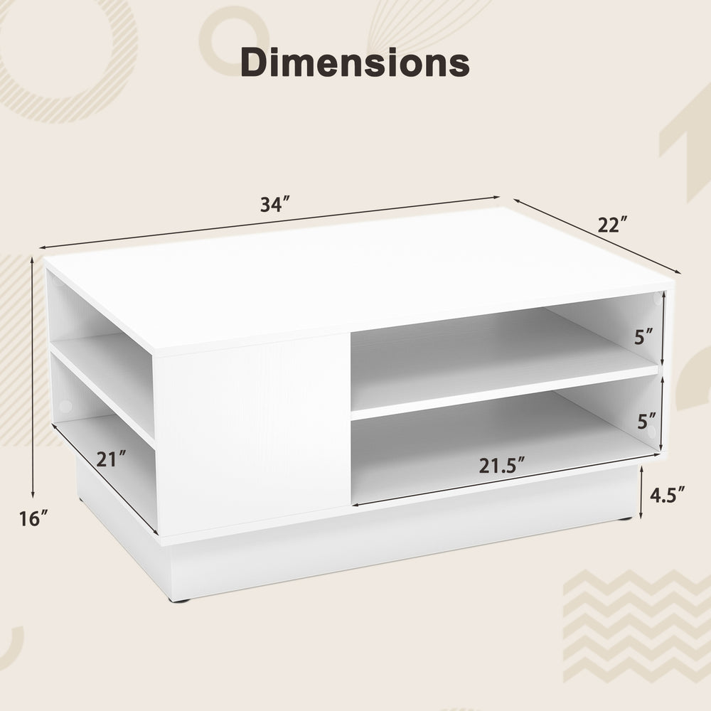 Modern coffee table dimensions showing a white finish, 2-tier open storage shelves, and sleek design for versatile use.