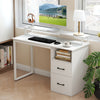 Modern computer desk in white with power outlets, file drawer, and ergonomic monitor stand for an organized workspace.