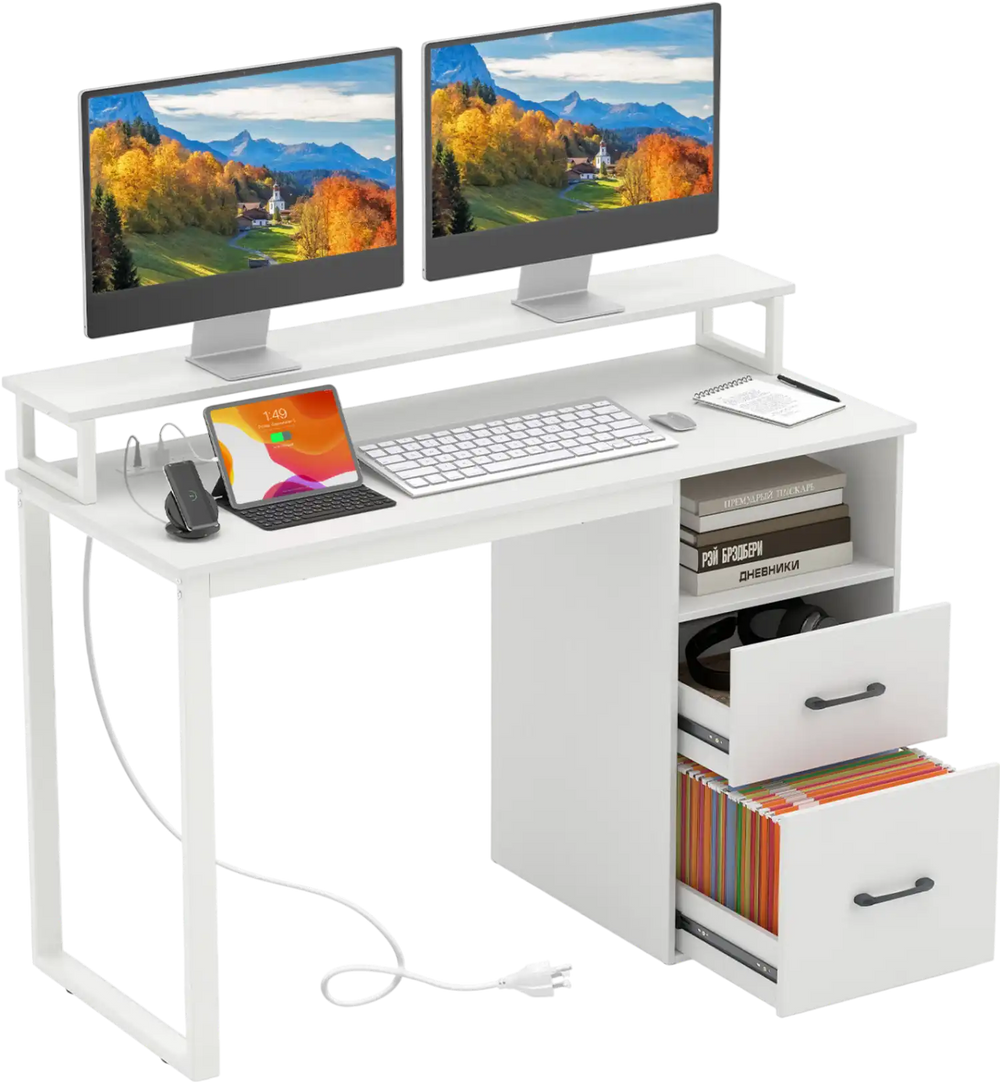 Modern computer desk in white with dual monitors, power outlets, file drawer, and organized workspace features.