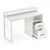 Modern white computer desk with power outlets, file drawer, and ergonomic monitor stand for an organized workspace.