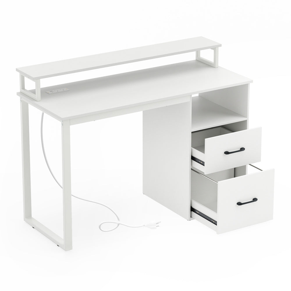 Modern white computer desk with power outlets, file drawer, and ergonomic monitor stand for an organized workspace.