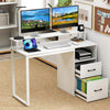Modern white computer desk with power outlets, ergonomic monitor stand, and file drawer for organized workspace.