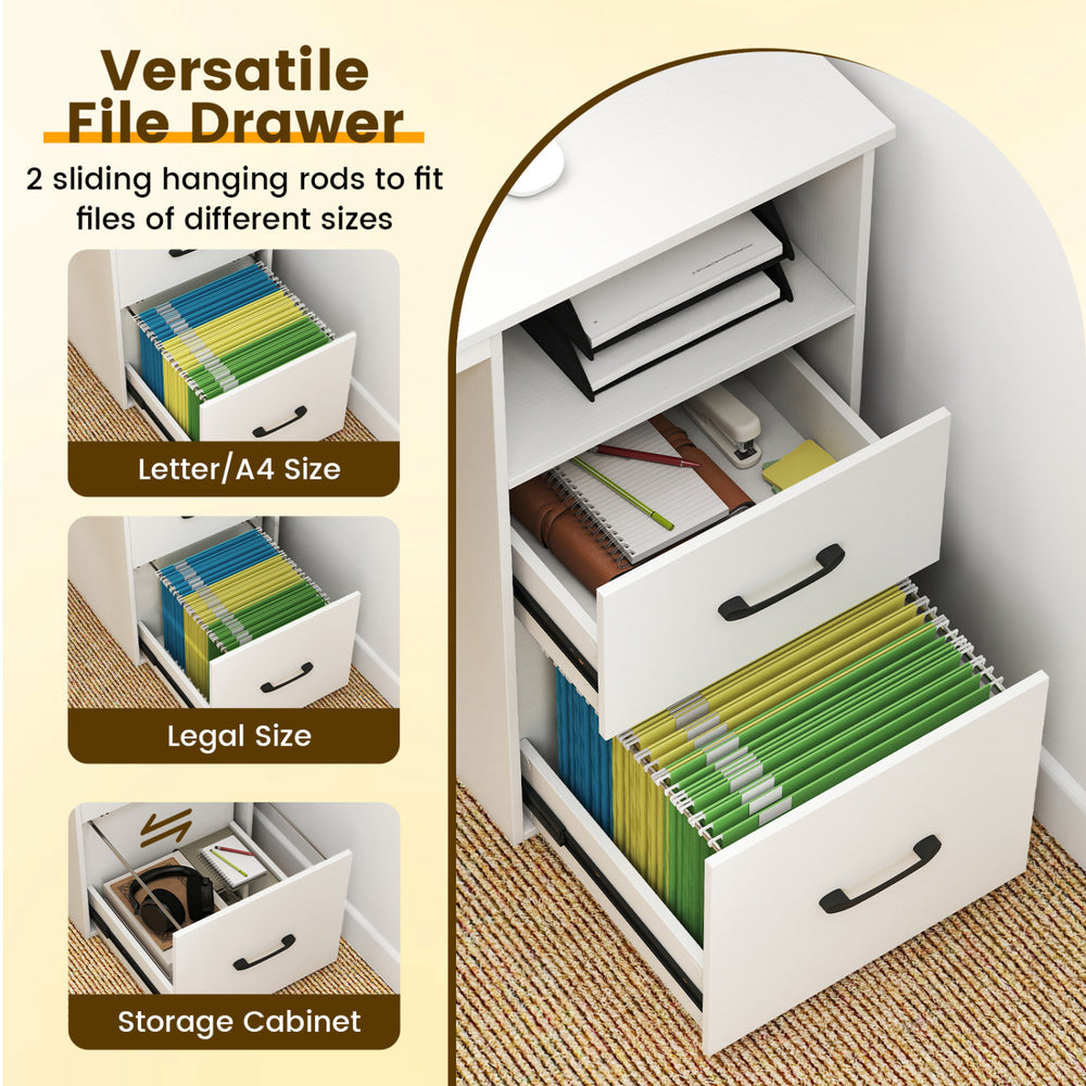 Versatile file drawer with sliding rods for letter/A4 and legal size files, part of a modern white computer desk.