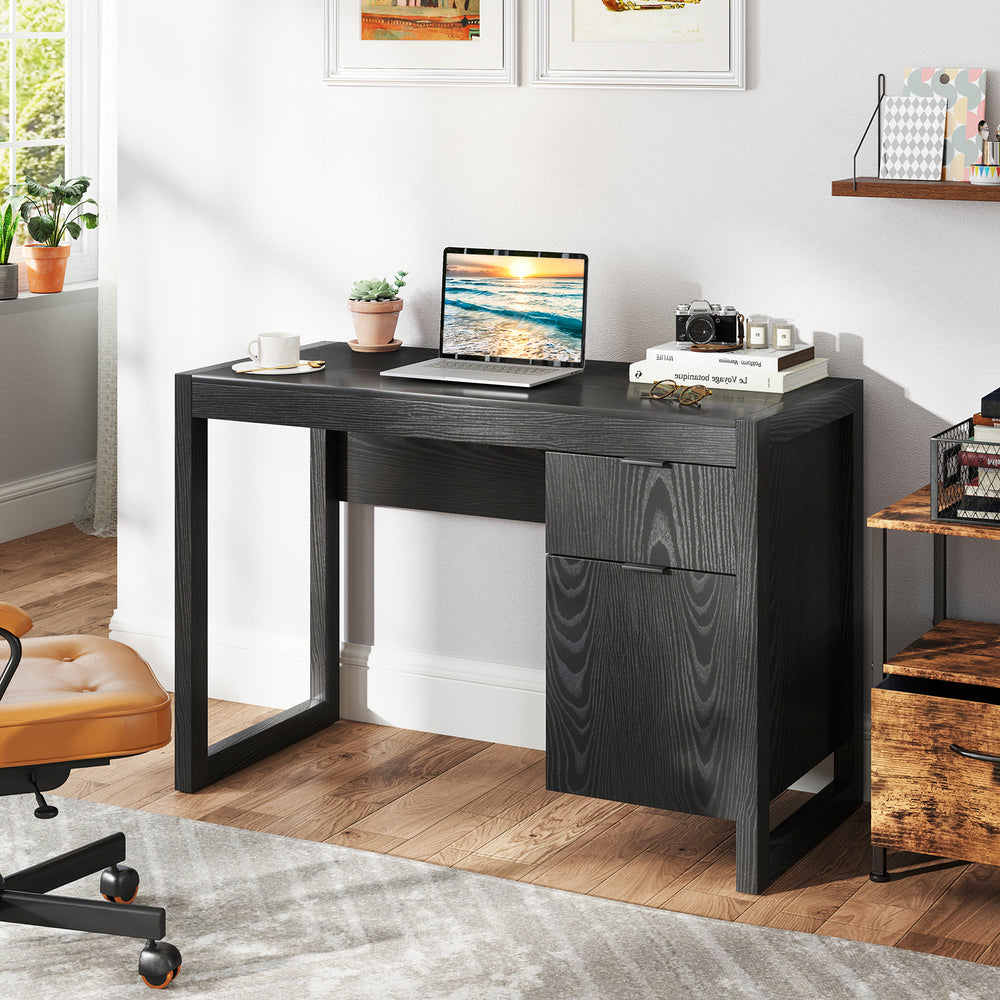 Modern Computer Desk Writing Workstation with Cabinet and Drawer-Black - Gallery View 1 of 11
