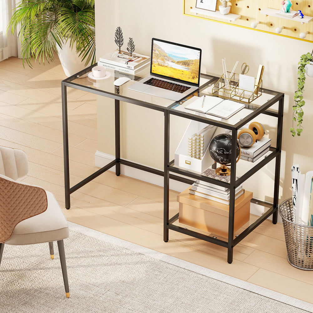 Modern console table with black metal frame, glass top, and two open shelves, perfect for stylish home office use.