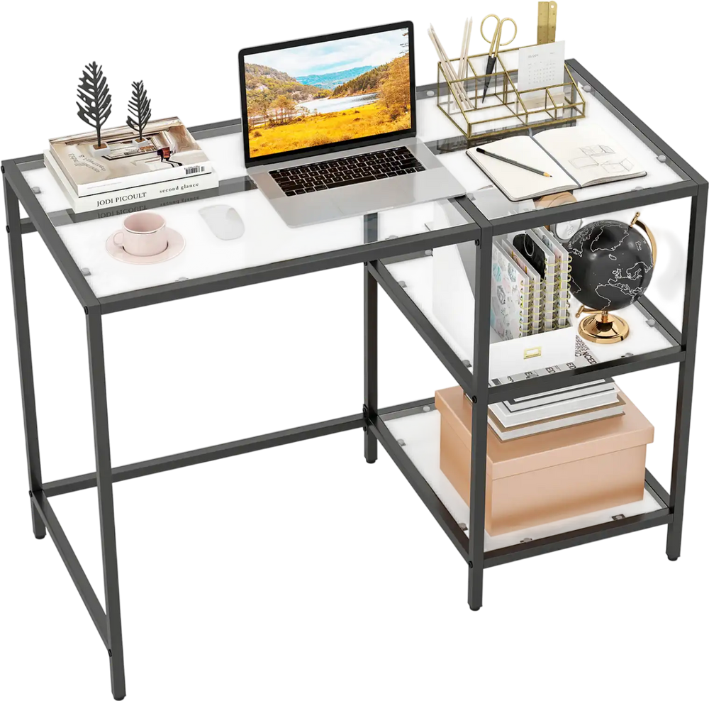 Modern console table with black metal frame, glass top, and two open shelves, ideal for stylish home office.