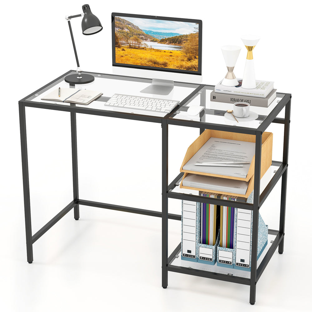 Modern console table with black metal frame, tempered glass top, and two open shelves for stylish storage and.