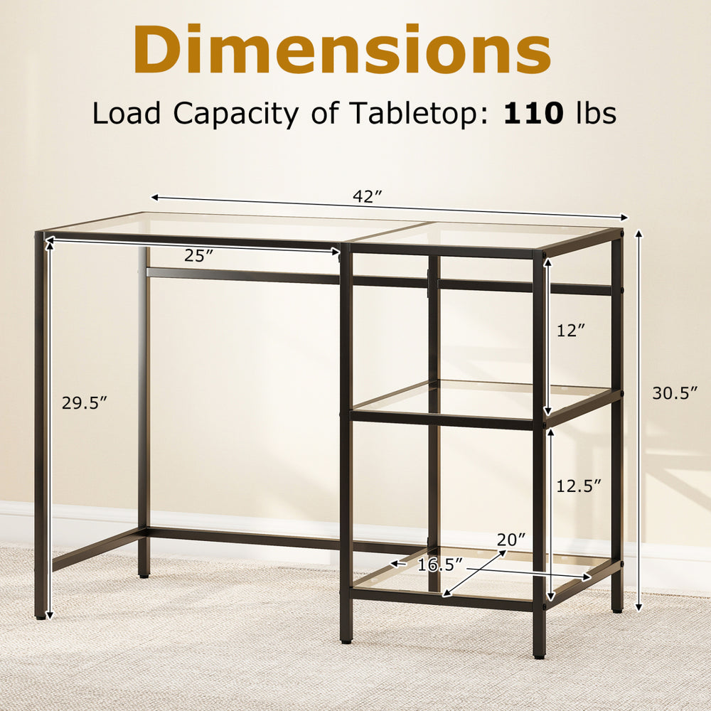 Modern console table with black metal frame, two open shelves, and dimensions for versatile use in any space.