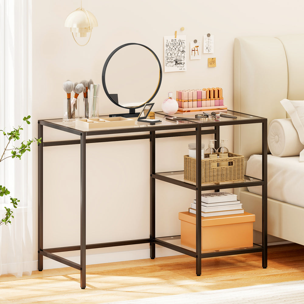 Modern console table with black metal frame, two open shelves, and a spacious glass top for stylish bedroom.