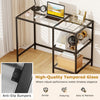 Modern console table with black metal frame, tempered glass top, and two open shelves for stylish storage solutions.