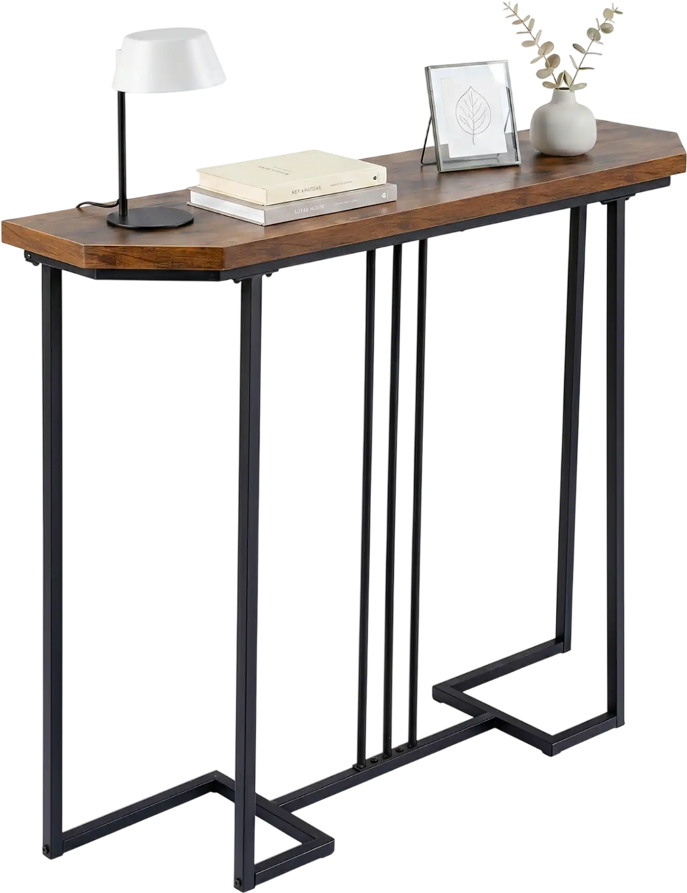Modern console table with a rustic brown finish and metal legs, showcasing a sleek profile for narrow spaces.