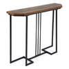 Narrow rustic brown console table with metal legs, featuring a geometric design and ample space for display items.