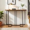 Narrow rustic brown console table with metal legs, featuring a water-resistant surface and geometric design for entryways.