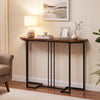 Narrow rustic brown console table with metal legs, perfect for entryways or behind sofas, featuring a spacious tabletop.