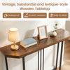 Narrow rustic brown console table with metal legs, waterproof and scratch-resistant, perfect for entryways or behind sofas.