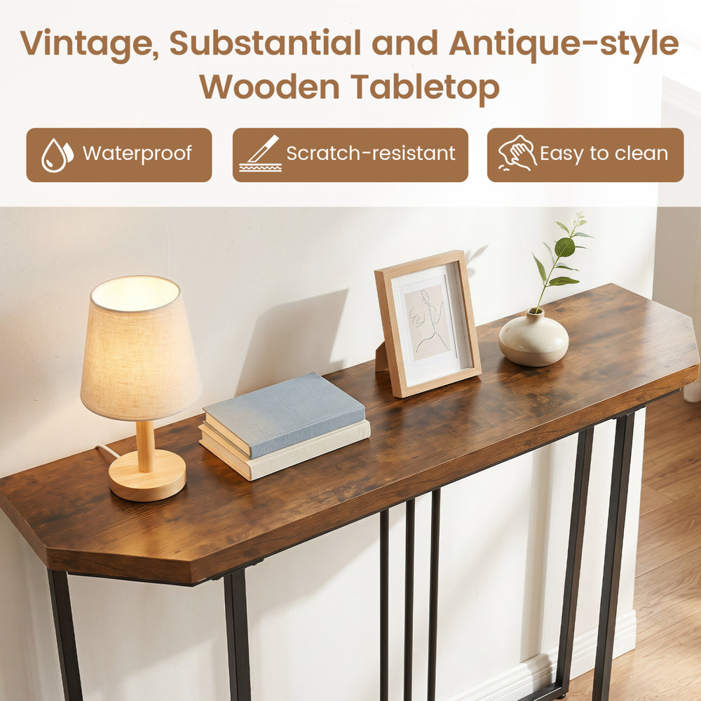 Narrow rustic brown console table with metal legs, waterproof and scratch-resistant, perfect for entryways or behind sofas.