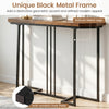 Modern console table with rustic brown surface and black metal legs, perfect for narrow entryways or behind sofas.