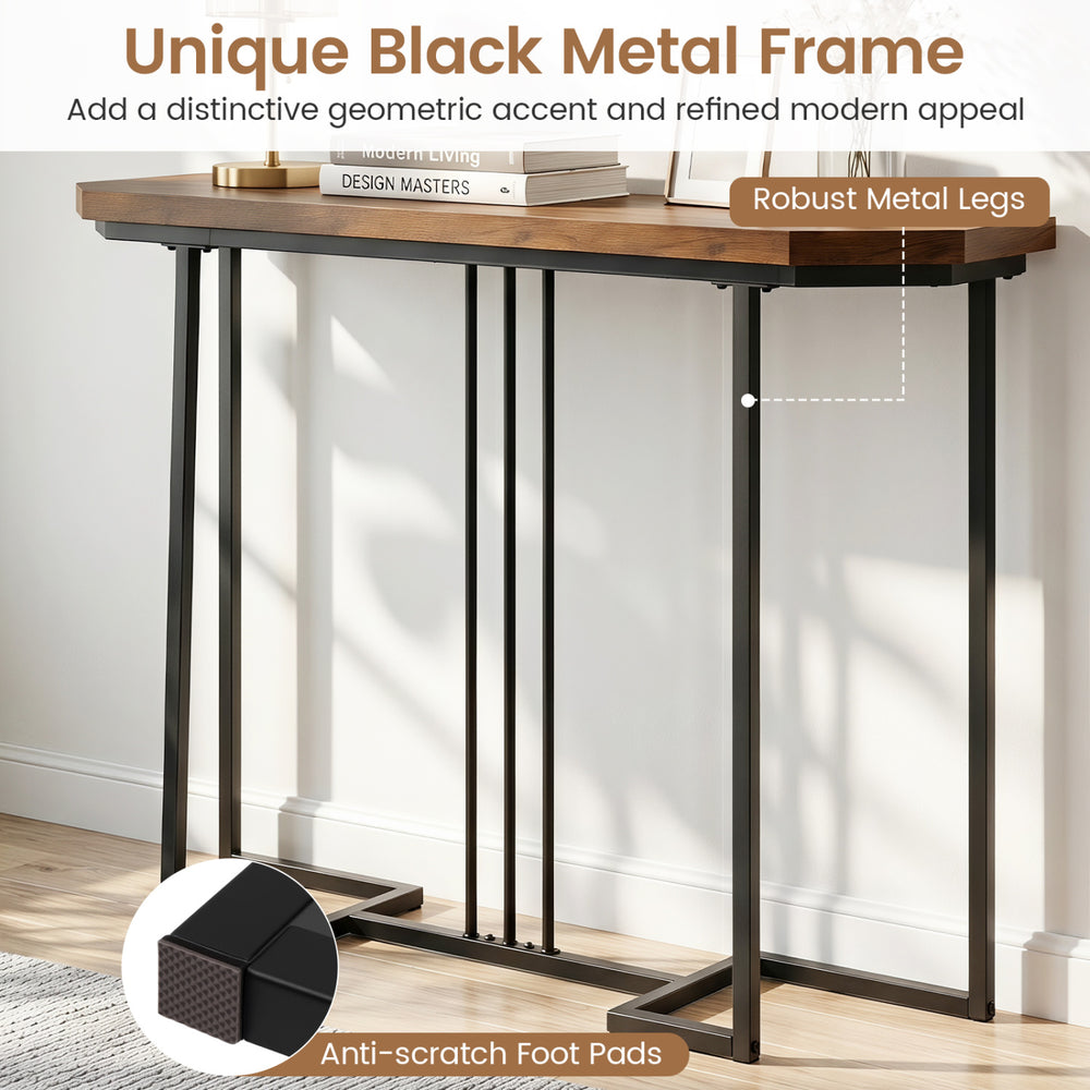 Modern console table with rustic brown surface and black metal legs, perfect for narrow entryways or behind sofas.