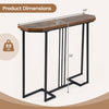Narrow entryway console table with rustic brown top and metal legs, measuring 44" x 12" x 36", ideal for hallways.