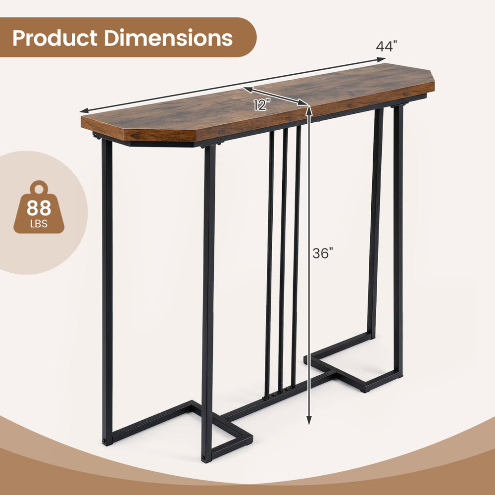 Narrow entryway console table with rustic brown top and metal legs, measuring 44" x 12" x 36", ideal for hallways.