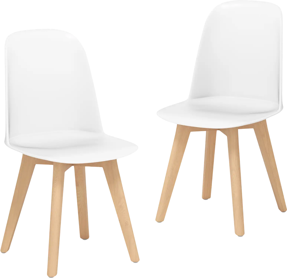 Set of 2 modern dining chairs with white PP seats and solid beech wood legs, ideal for dining or living spaces.