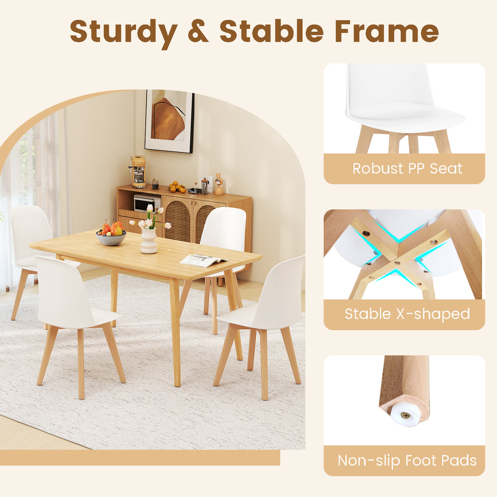 Modern dining chair set of 2 with white robust PP seats and solid beech wood legs, ideal for dining and living spaces.