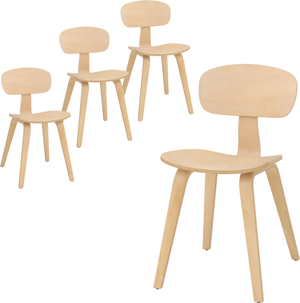 Set of 4 modern dining chairs with natural rubber wood veneer, featuring ergonomic backrests for comfort and durability.