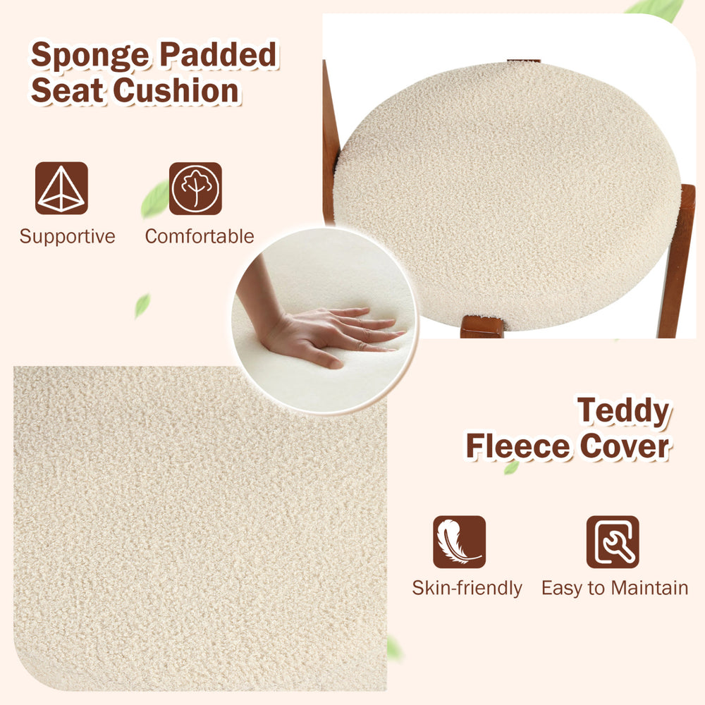 Curved backrest and sponge padded seat cushion of a modern dining chair with teddy fleece cover for comfort.