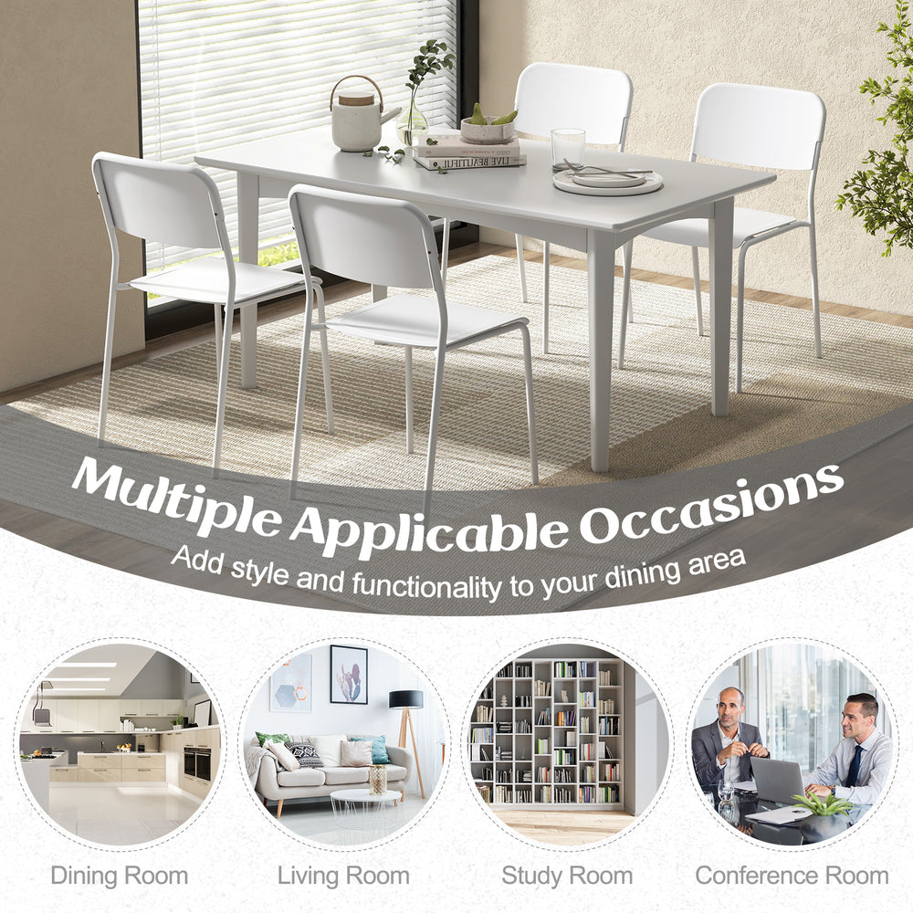 Set of 4 modern white dining chairs with tilted backrest and sturdy metal legs, perfect for stylish dining areas.